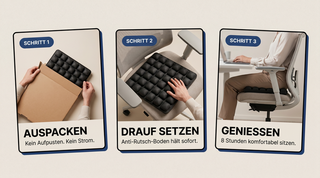 FULVON Air Cushion Pro Schwarz — 3 Schritte: Auspacken, Drauf setzen, Genießen