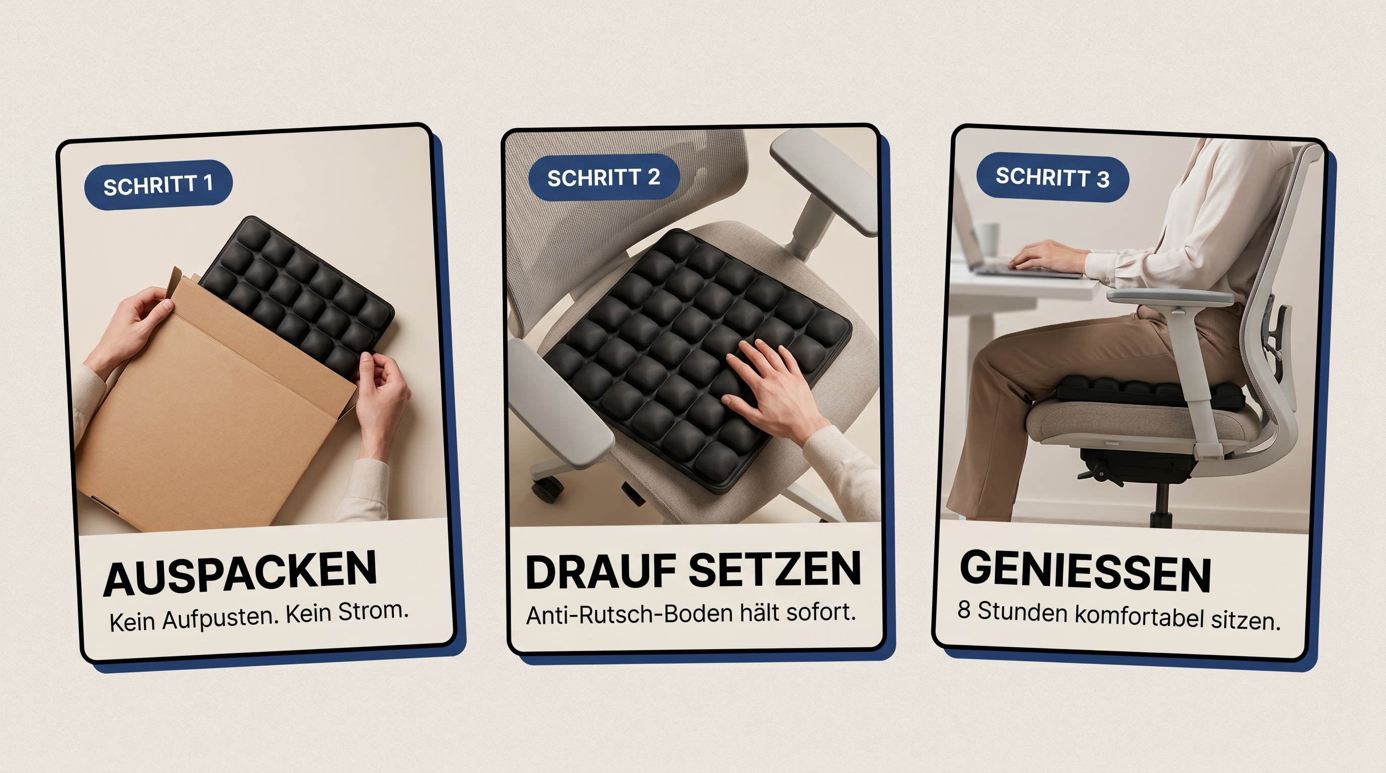 FULVON Air Cushion Pro Schwarz — 3 Schritte: Auspacken, Drauf setzen, Genießen