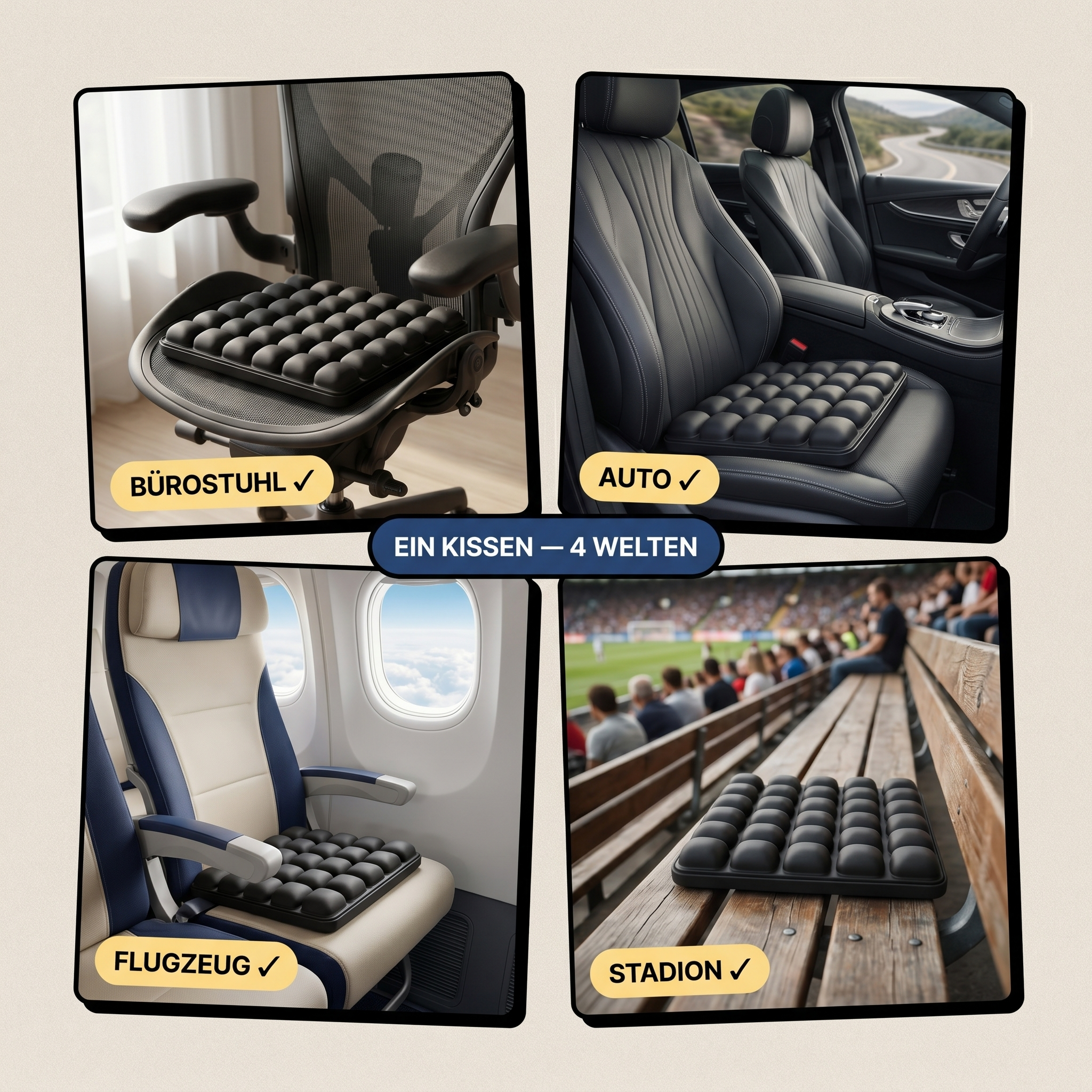 FULVON Air Cushion Pro Schwarz — 4 Use-Cases: Bürostuhl, Auto, Flugzeug, Stadion — ein Kissen, vier Welten