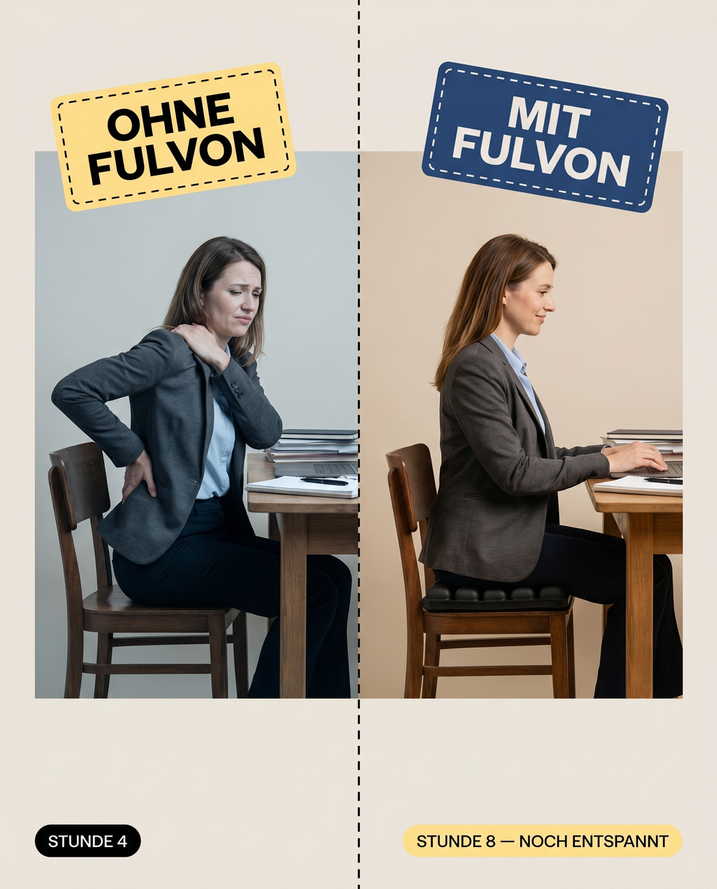 FULVON Air Cushion Pro Schwarz — Vorher Nachher: Ohne FULVON Rückenschmerzen vs Mit FULVON entspannte Haltung