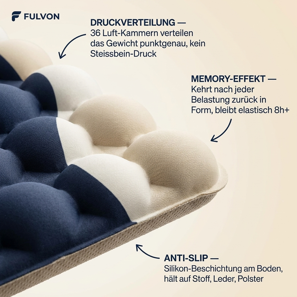 FULVON Air Cushion Pro — Makro 36 Luft-Kammern mit Annotationen: Druckverteilung, Memory-Effekt, Anti-Slip