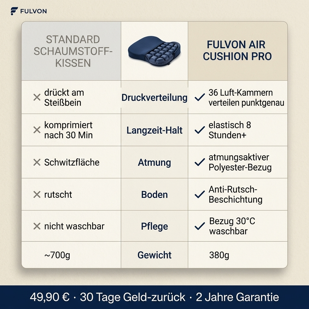 FULVON Air Cushion Pro — Vergleich vs Standard-Schaumstoff: 36 Luft-Kammern, atmungsaktiv, Anti-Rutsch, waschbar
